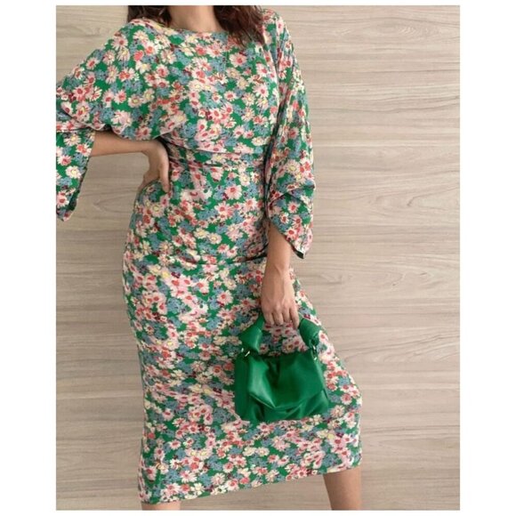 ZARA Floral Print Long Sleeve Midi Dress in Green Long Sleeves Women's Size S - Picture 1 of 13